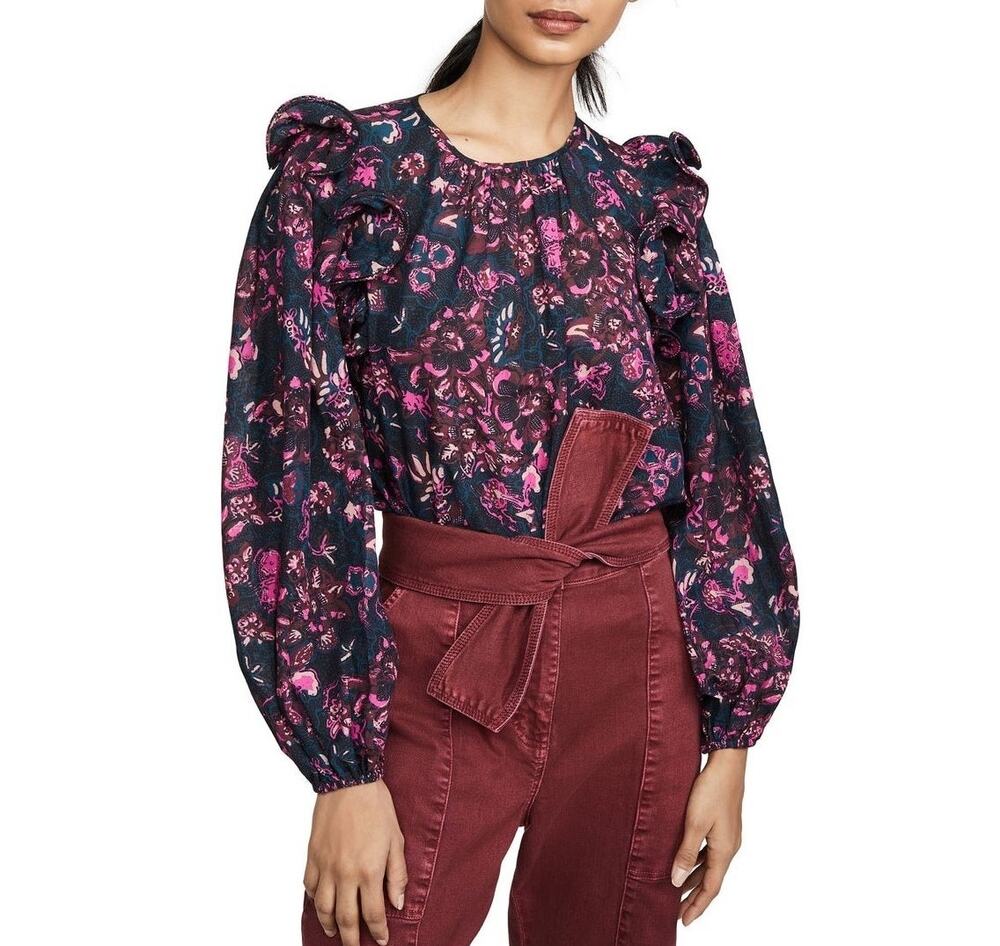 Ulla Johnson Medine Floral Ruffle Blouse Midnight Sz 6
